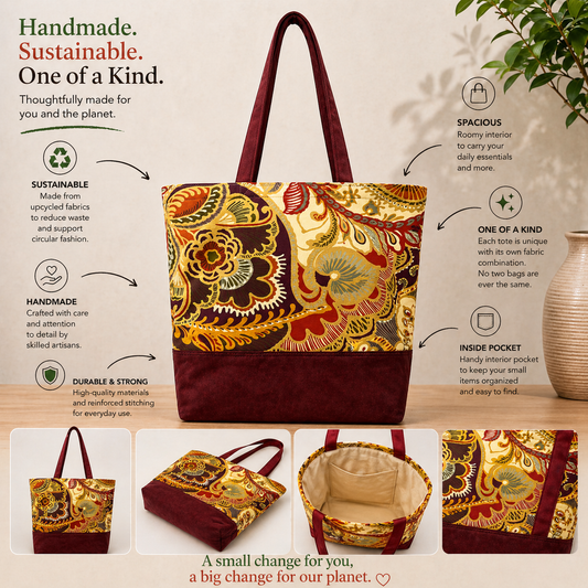 Tote Bag: Floral Top & Burgundy Base Recycled Cotton Tote – Handmade Fashion Bag