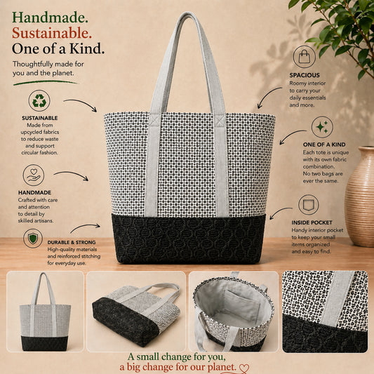 Taupe Gray Check Upholstery Recycled Tote – Durable & Eco-Friendly Handcrafted Bag