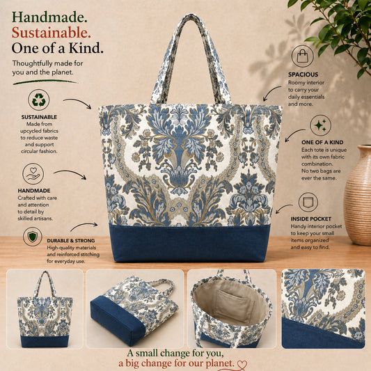 Pale Blue Floral Print Upcycled Tote Bag with Dusky Blue Base – Handmade Sustainable Carryall