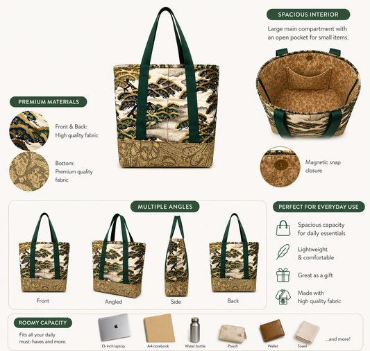 Antique oriental silk Bonsai print- every day use tote bag