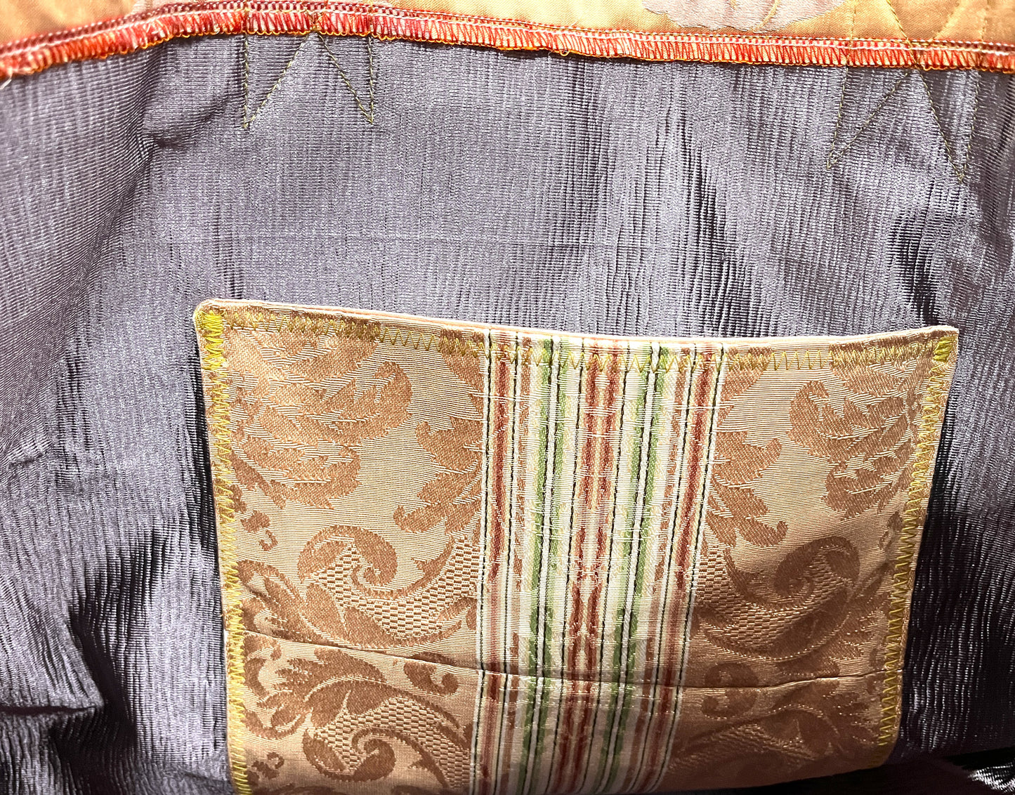 Tote Bag salmon pink silk reversed with Chinese coin pattern and inside pocket