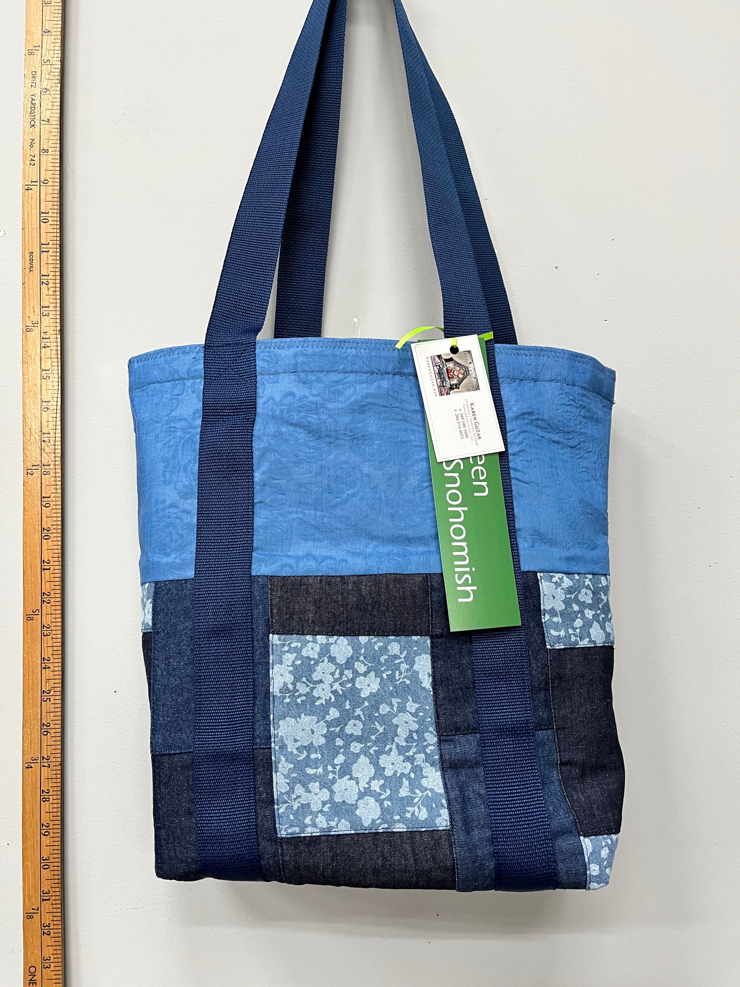 previously quilted denim made into a tote bag. Thanks Jill, a sister quilter.