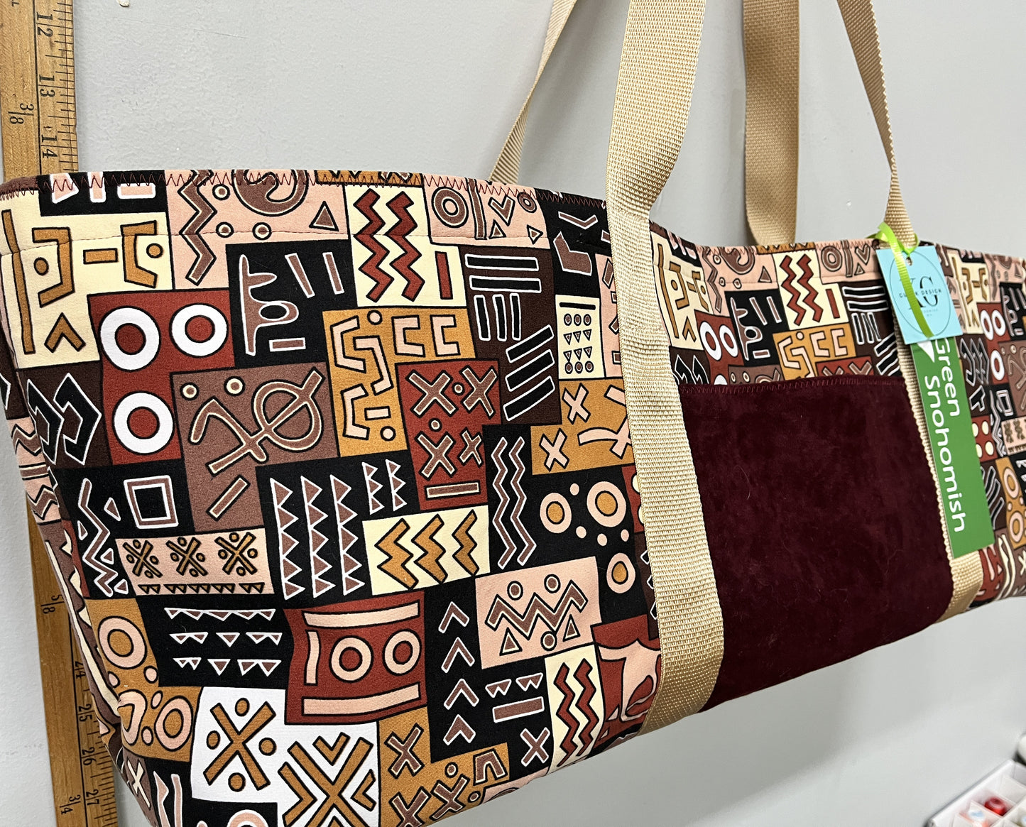 Yoga Mat Bag - geometric pattern in browns and golds