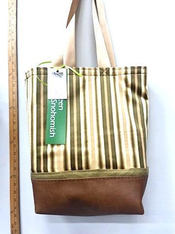 Satin Green & Gold Stripe Recycled Faux Leather Tote with Leatherette Base – Luxe Look