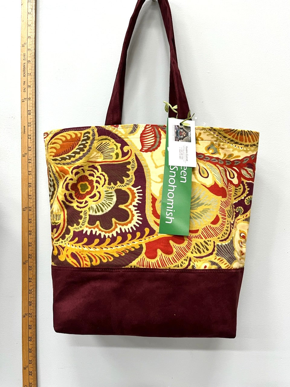 Floral Top & Burgundy Base Recycled Cotton Tote – Handmade Fashion Bag