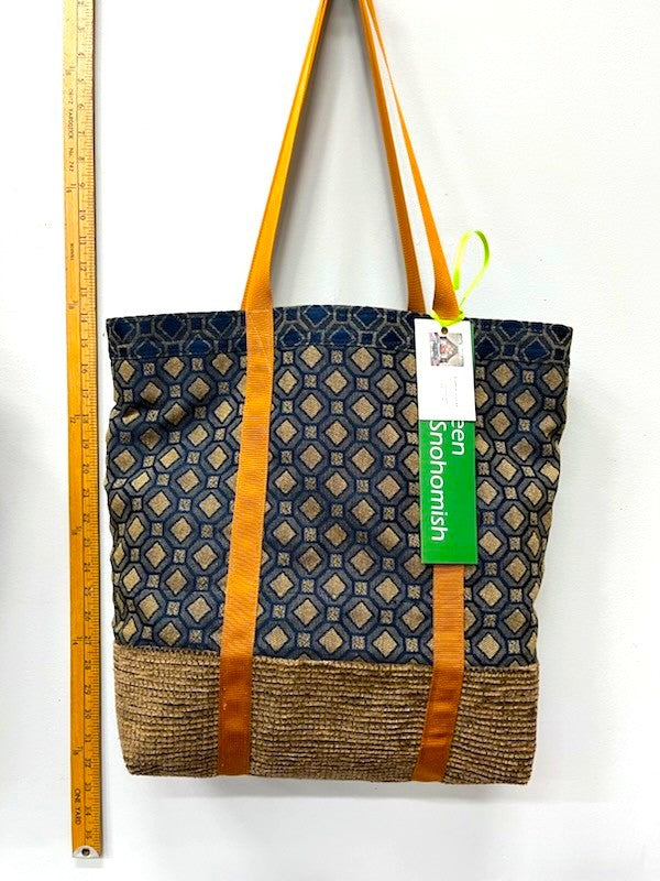 Navy Check Recycled Cotton Tote Bag with Tan Base – Classic Handmade Design – Eco-Conscious Style