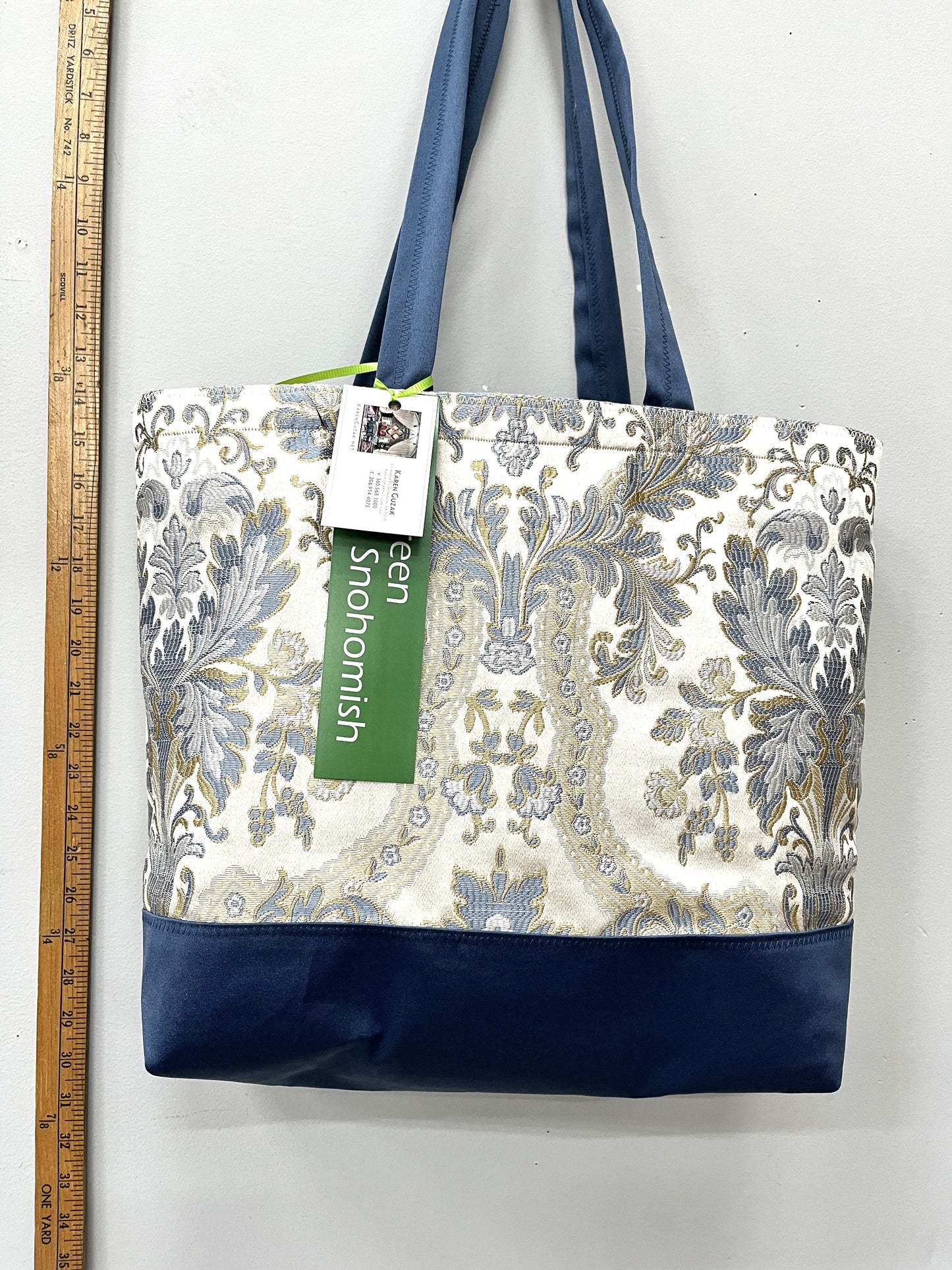 Pale Blue Floral Print Upcycled Tote Bag with Dusky Blue Base – Handmade Sustainable Carryall