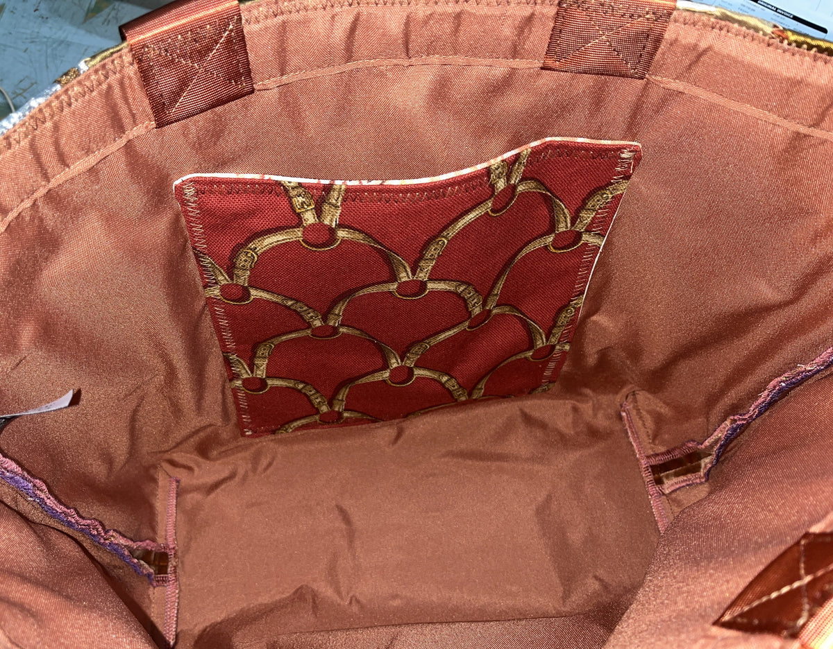 Tote Bag: rusty velvet base, fabric samples quilted top - inside pocket