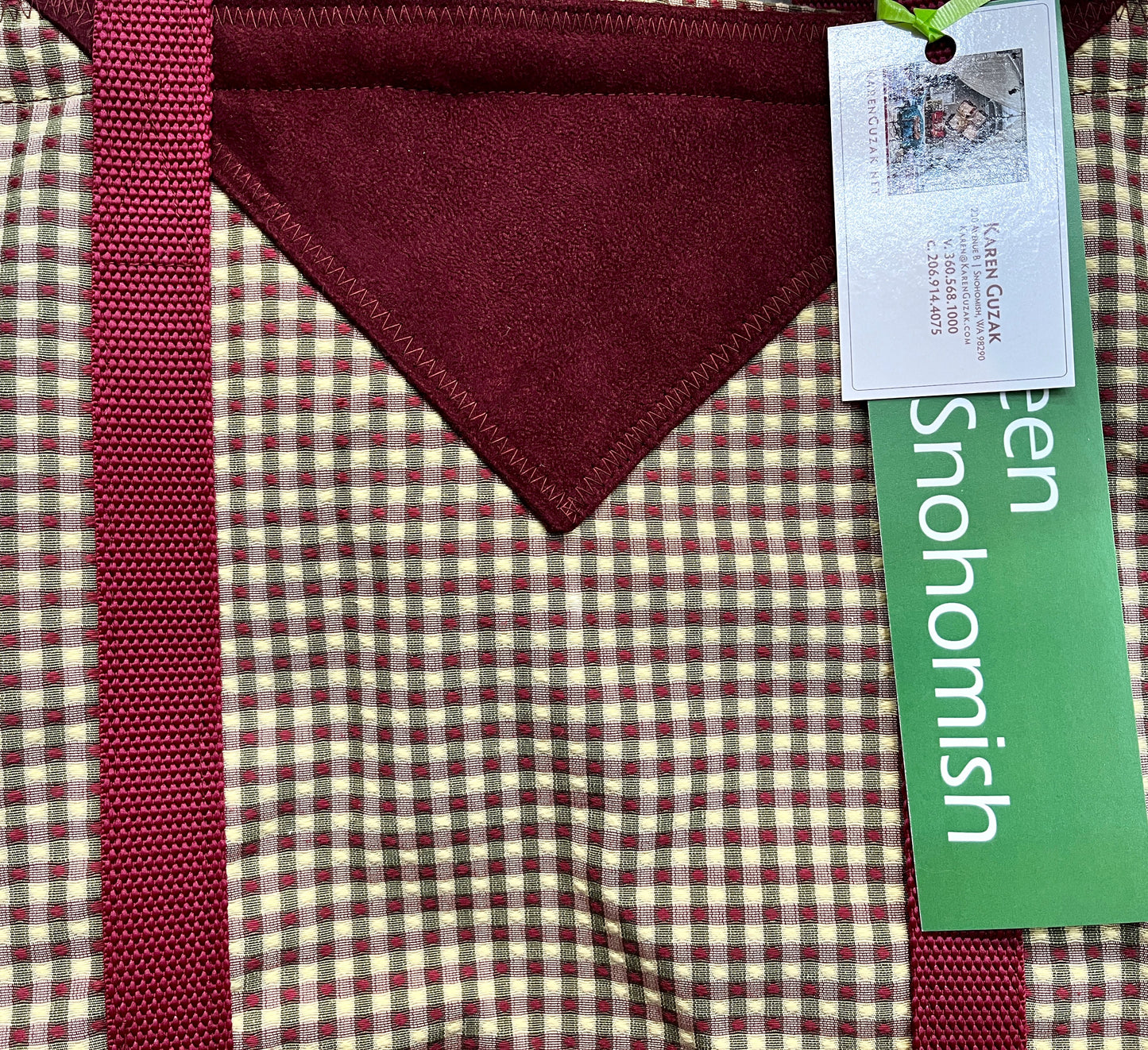 Tote Bag: Small Check & Burgundy Base Recycled Cotton Tote – Chic Sustainable Handmade Bag