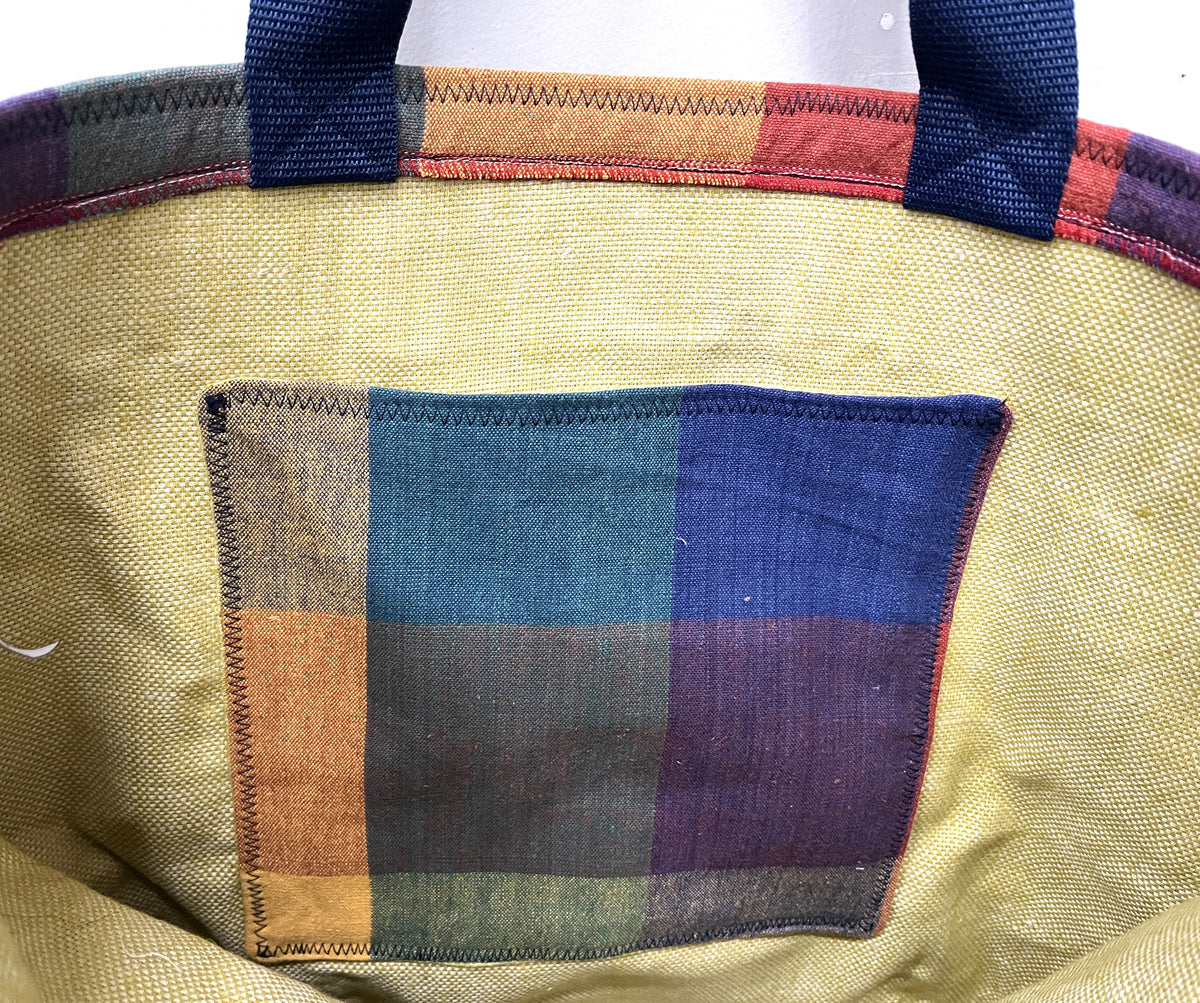 Tote bag - Blue plaid cotton handwoven fabric with an inside pocket