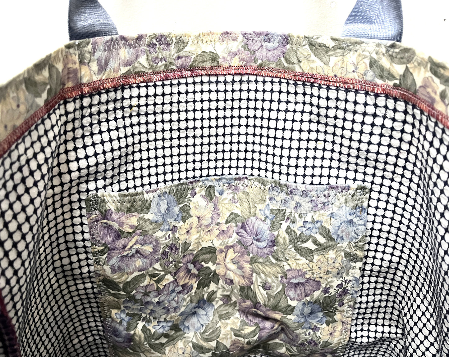Tote Bag - Blue bouquet with cotton checked base and lining - inside pocket