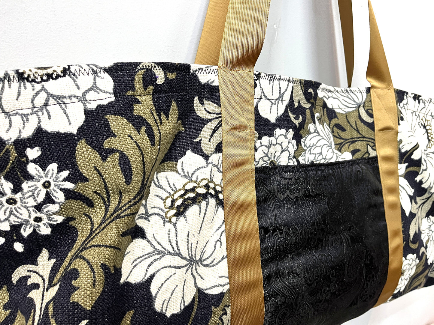Yoga Mat Bag - Black and Brown Floral with outside pocket