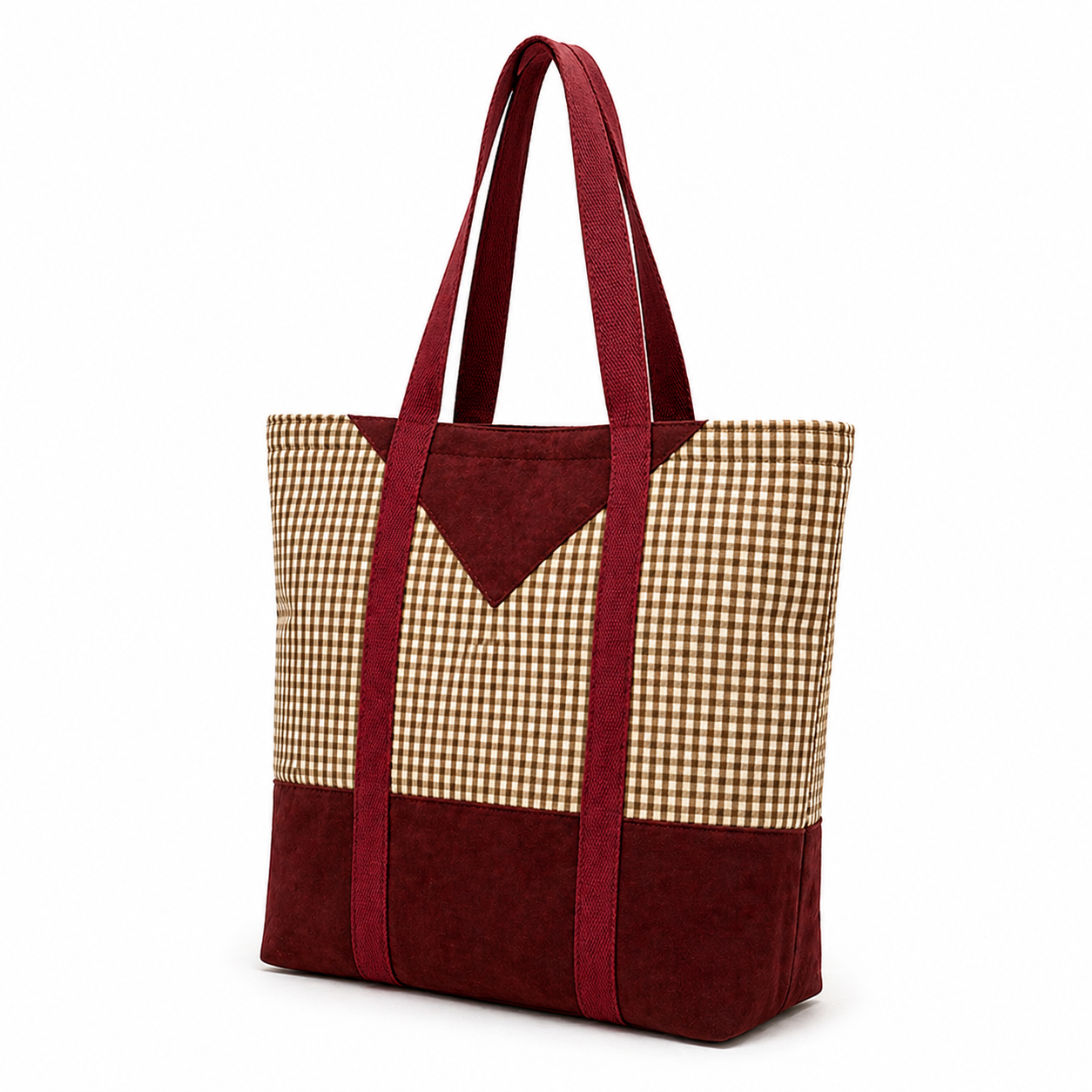 Tote Bag: Small Check & Burgundy Base Recycled Cotton Tote – Chic Sustainable Handmade Bag