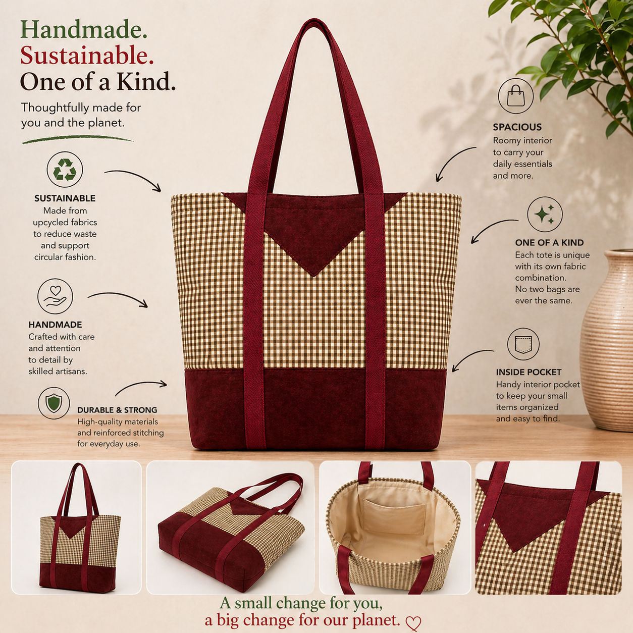 Tote Bag: Small Check & Burgundy Base Recycled Cotton Tote – Chic Sustainable Handmade Bag