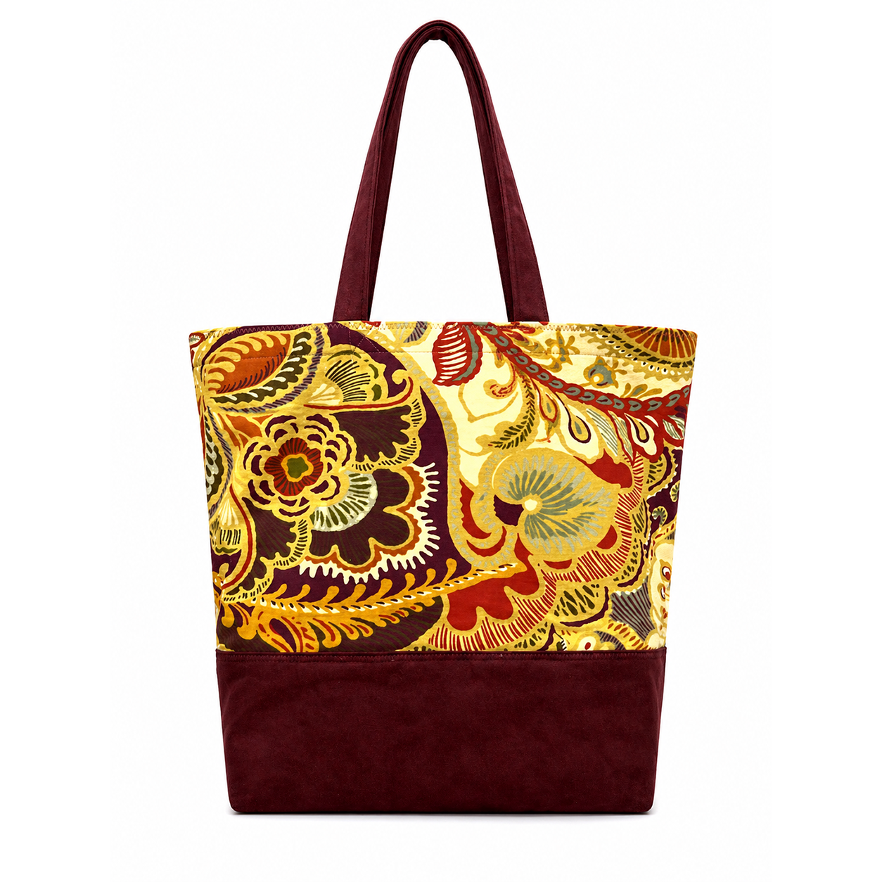 Tote Bag: Floral Top & Burgundy Base Recycled Cotton Tote – Handmade Fashion Bag