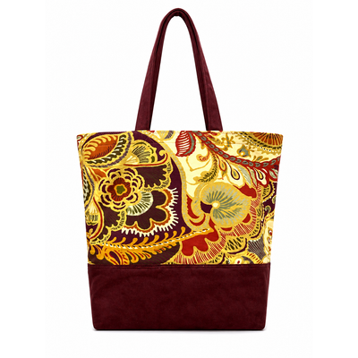 Floral Top & Burgundy Base Recycled Cotton Tote – Handmade Fashion Bag