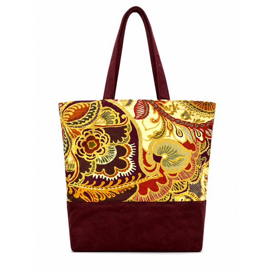 Tote Bag: Floral Top & Burgundy Base Recycled Cotton Tote – Handmade Fashion Bag