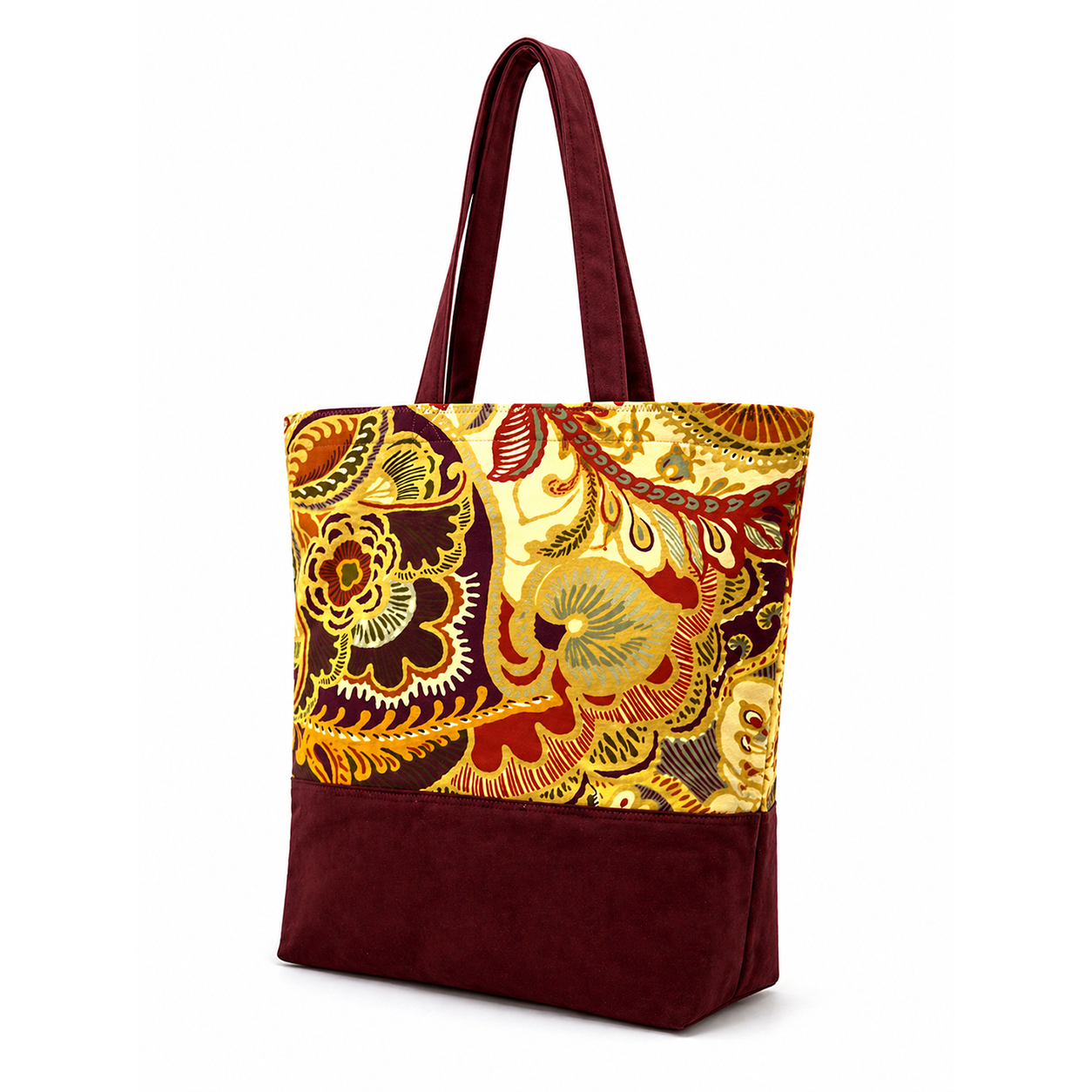 Tote Bag: Floral Top & Burgundy Base Recycled Cotton Tote – Handmade Fashion Bag