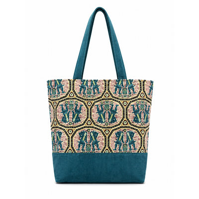 Turquoise Figure Pattern Recycled Cotton Tote – Handcrafted & Sustainable Style