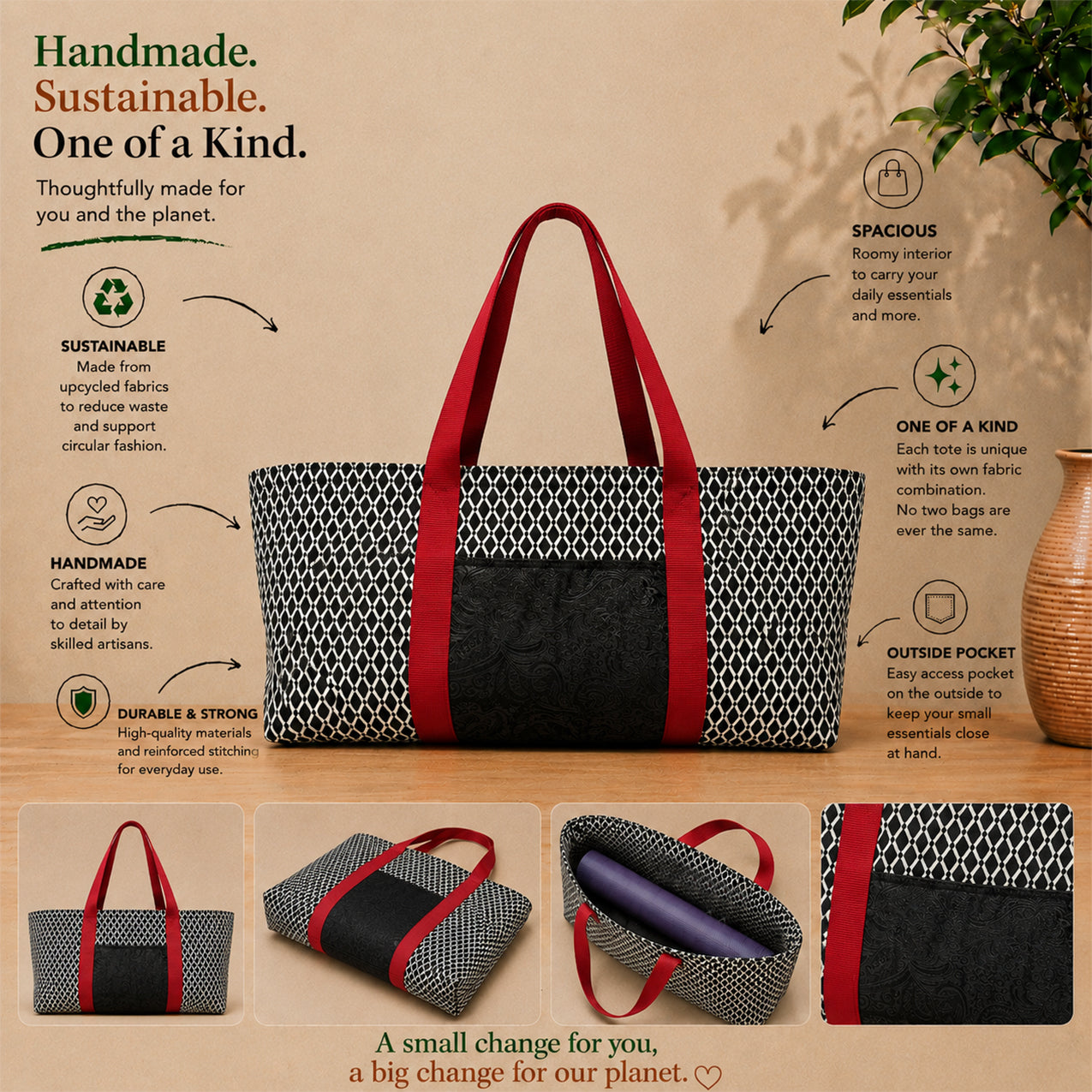 Yoga Mat Bag - Black Diamond with Red Trim and outside pocket