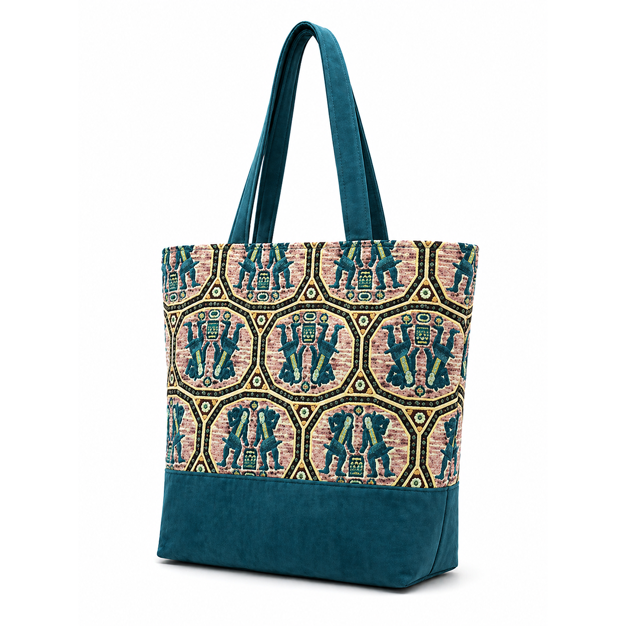 Tote Bag: Turquoise Figure Pattern Recycled Cotton Tote – Handcrafted & Sustainable Style