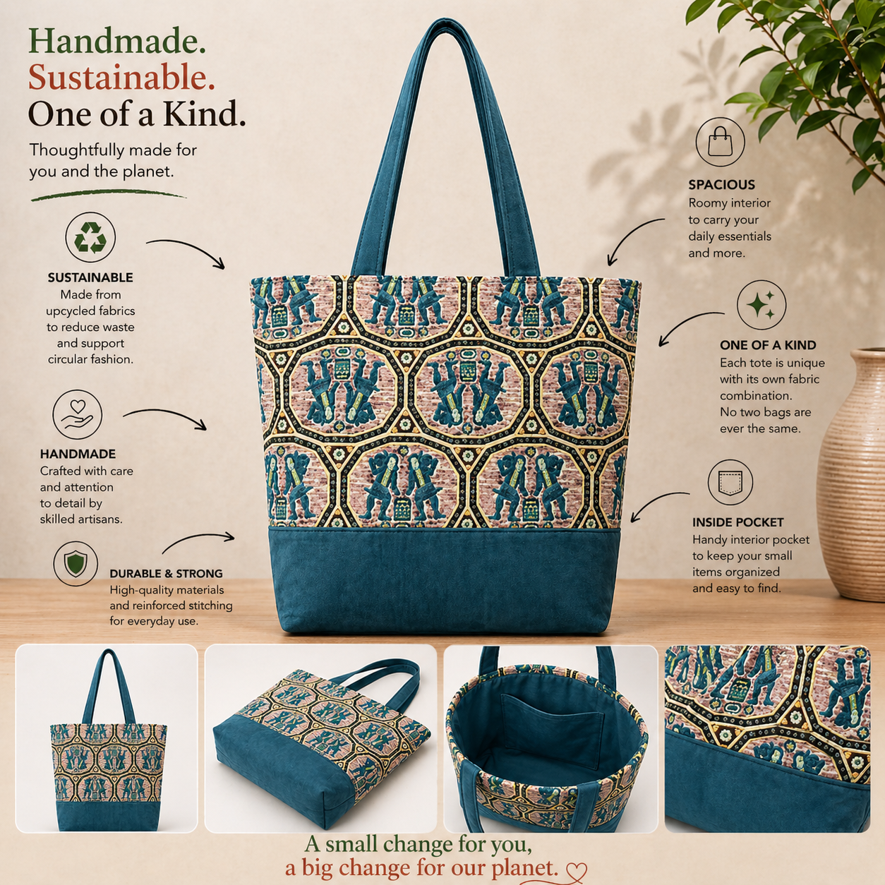 Tote Bag: Turquoise Figure Pattern Recycled Cotton Tote – Handcrafted & Sustainable Style