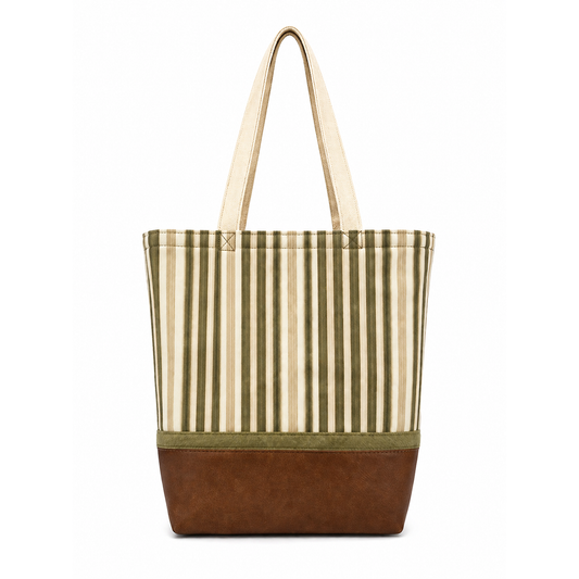 Tote Bag: Satin Green & Gold Stripe Recycled Faux Leather Tote