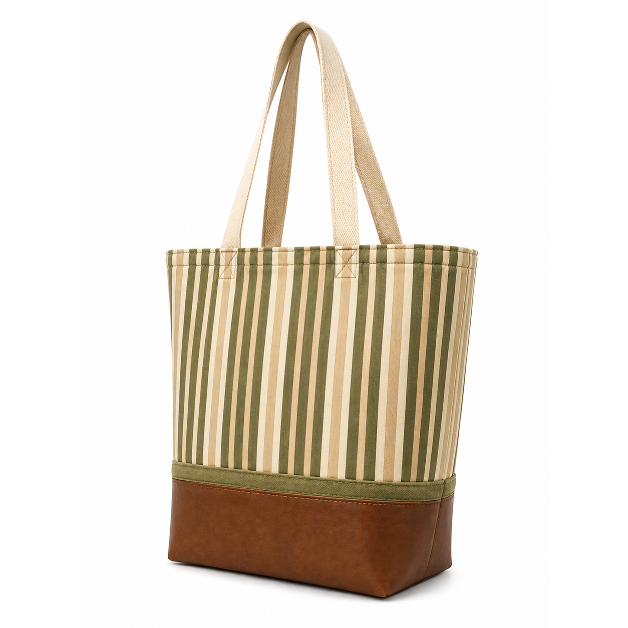 Tote Bag: Satin Green & Gold Stripe Recycled Faux Leather Tote