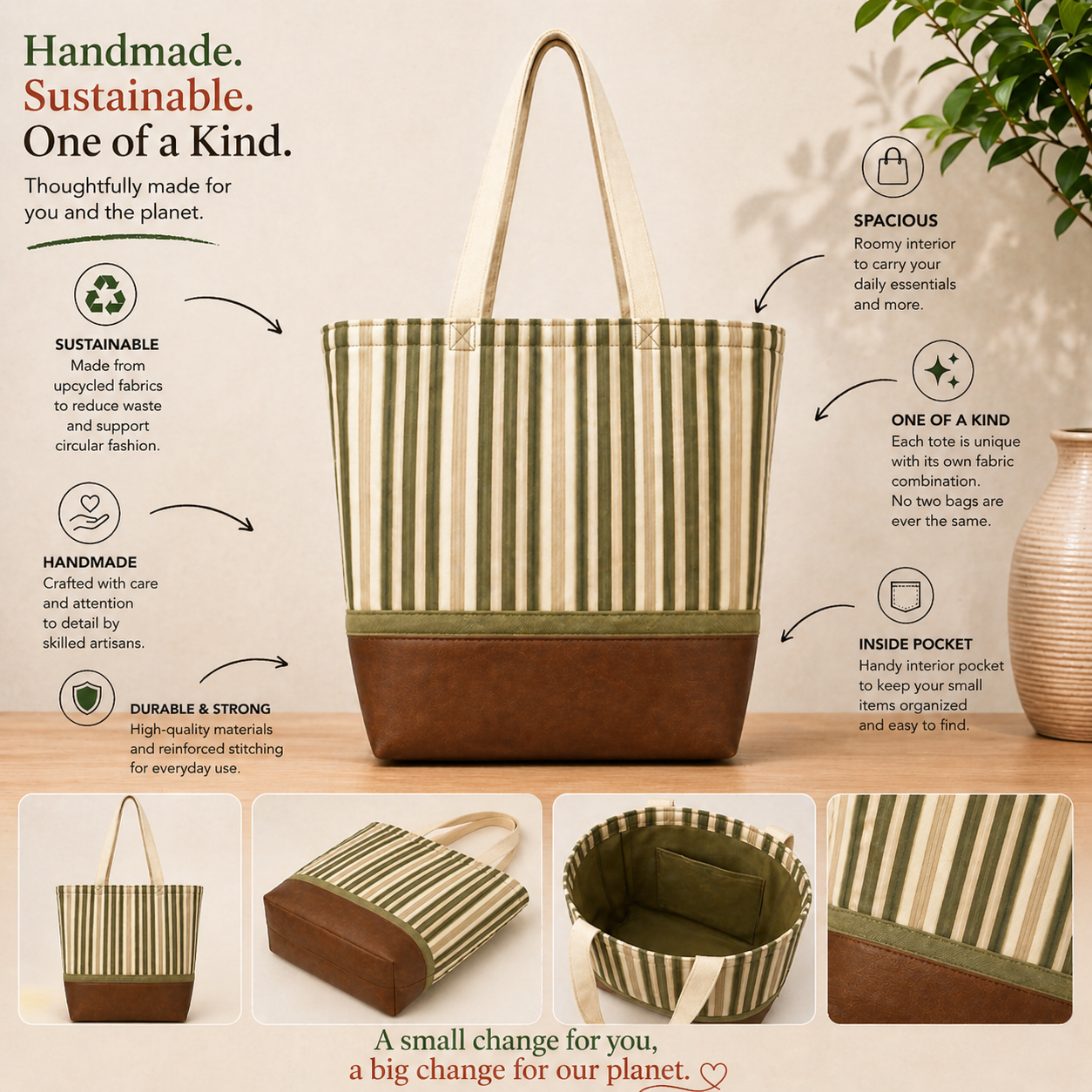 Tote Bag: Satin Green & Gold Stripe Recycled Faux Leather Tote