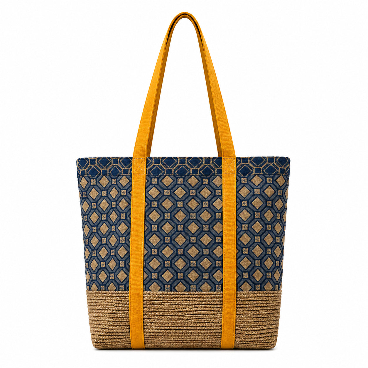 Tote Bag: Navy Check Recycled Cotton Tote Bag with Tan Base