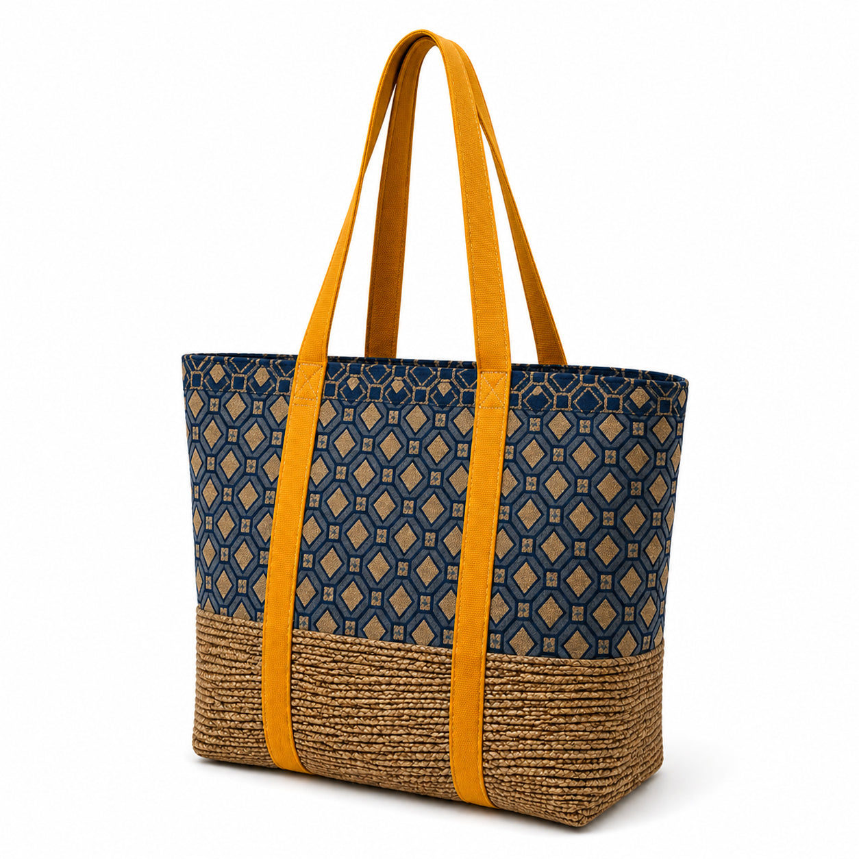 Tote Bag: Navy Check Recycled Cotton Tote Bag with Tan Base