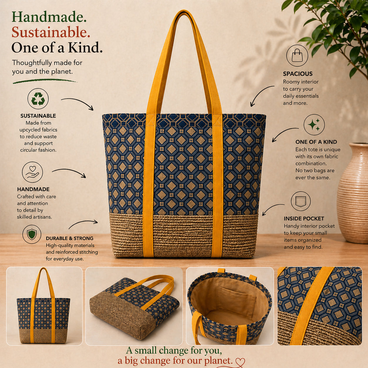 Tote Bag: Navy Check Recycled Cotton Tote Bag with Tan Base