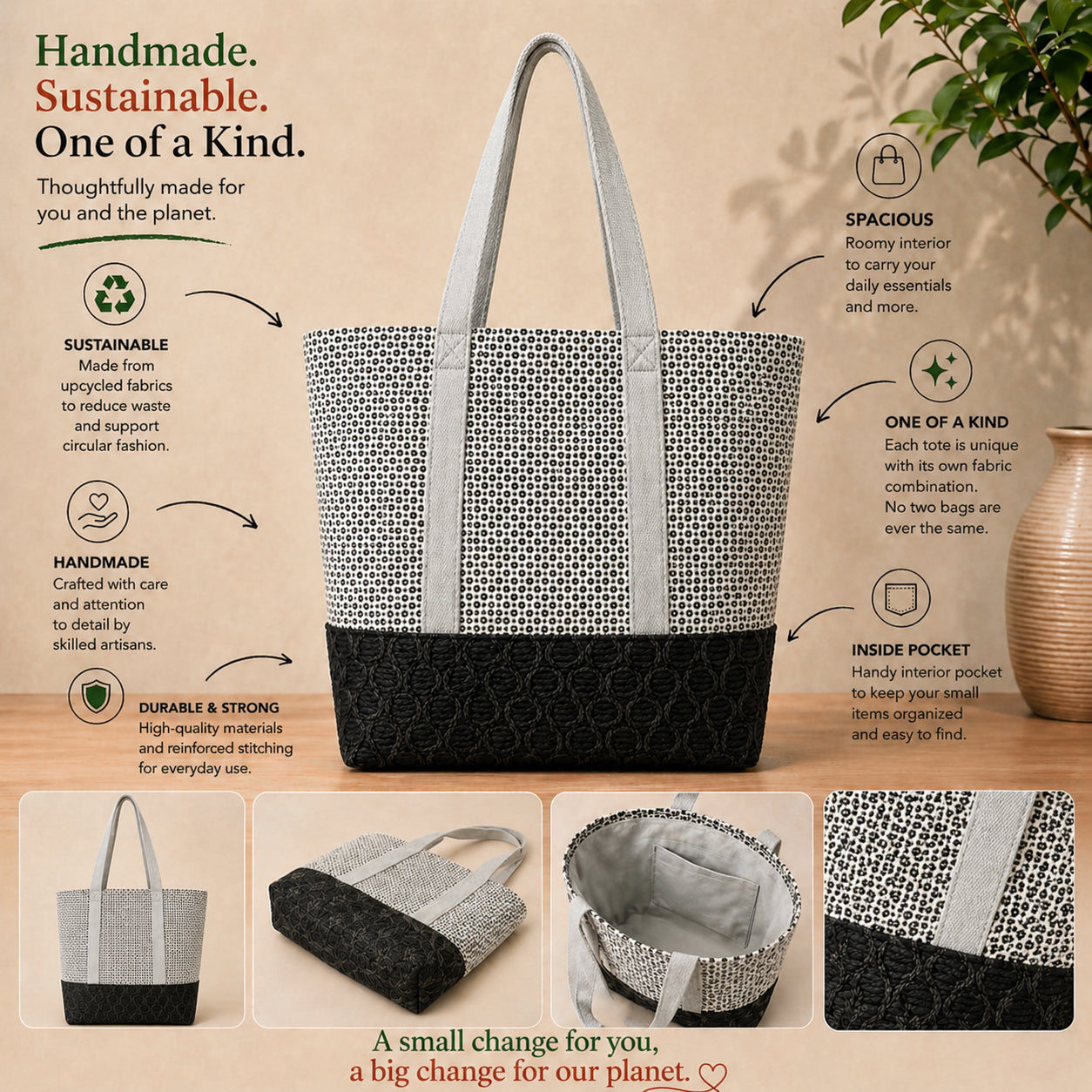 Tote Bag: Taupe Gray Check Upholstery Recycled Tote – Durable & Eco-Friendly Handcrafted Bag
