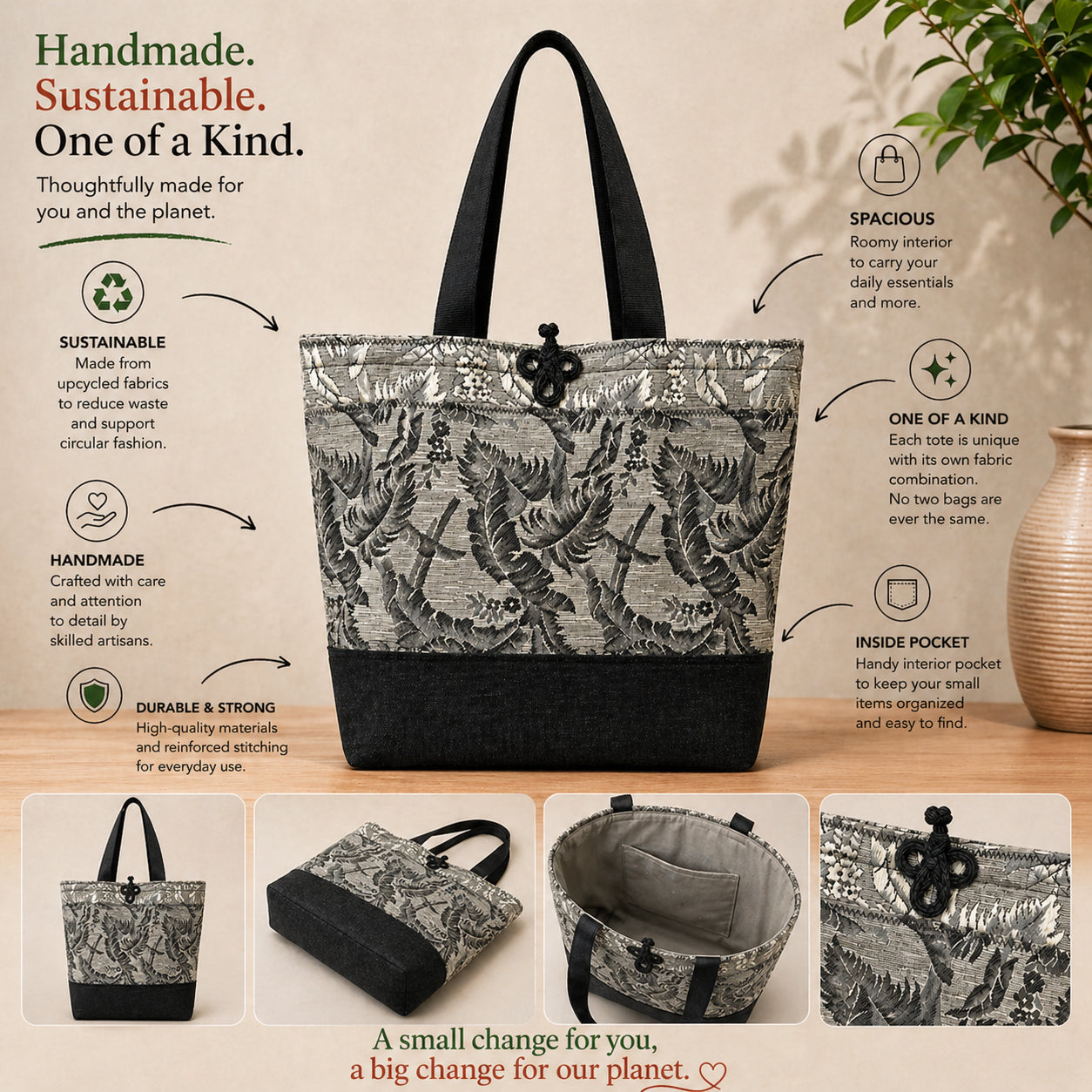 Tote Bag: Glistening Two-Tone Black & Gray Recycled Polyester Tote Bag – Sustainable & Chic