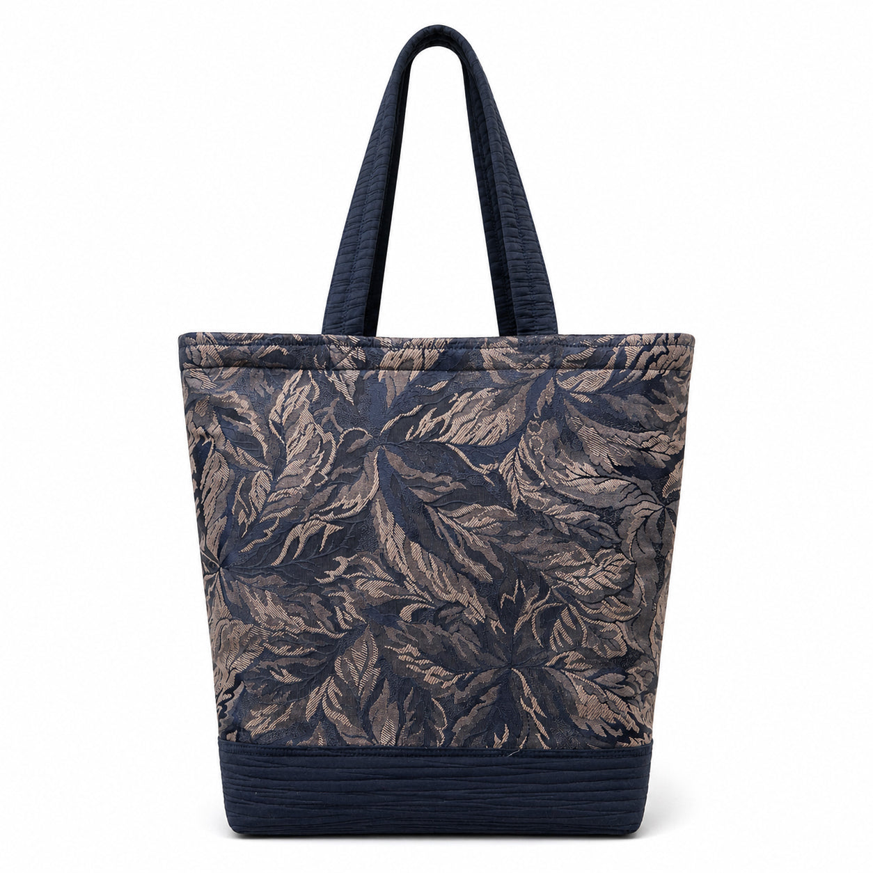 Tote Bag: Navy and Taupe leaf pattern with navy base and straps tote bag - Lightweight - Eco conscious.