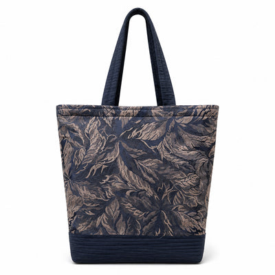 Navy and Taupe leaf pattern with navy base and straps tote bag - Lightweight - Eco conscious.