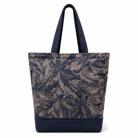 Tote Bag: Navy and Taupe leaf pattern with navy base and straps tote bag - Lightweight - Eco conscious.