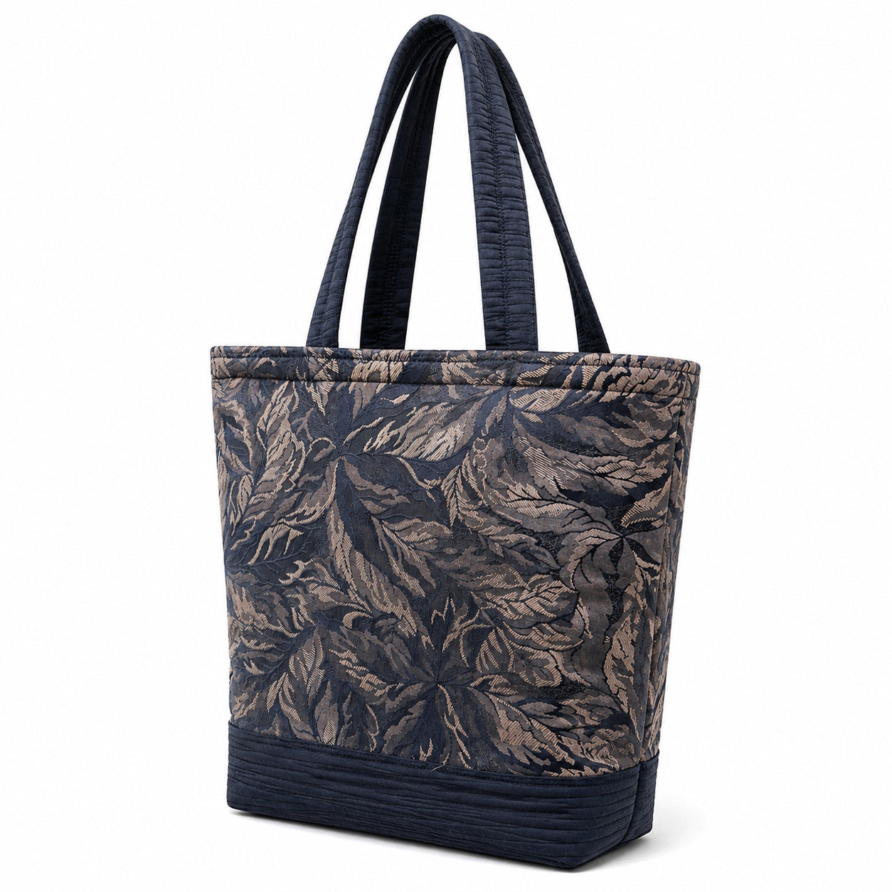 Tote Bag: Navy and Taupe leaf pattern with navy base and straps tote bag - Lightweight - Eco conscious.