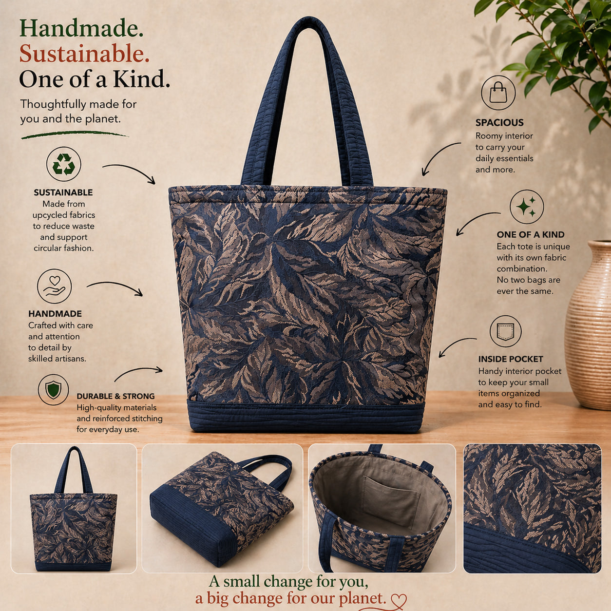 Tote Bag: Navy and Taupe leaf pattern with navy base and straps tote bag - Lightweight - Eco conscious.