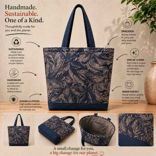 Tote Bag: Navy and Taupe leaf pattern with navy base and straps tote bag - Lightweight - Eco conscious.