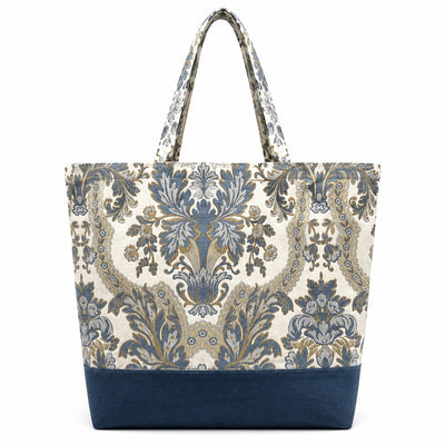 Pale Blue Floral Print Upcycled Tote Bag with Dusky Blue Base – Handmade Sustainable Carryall