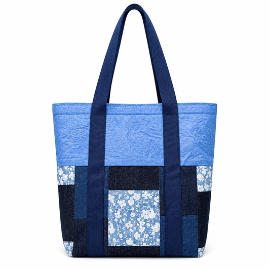 Tote Bag: Quilted Blue Denim Upcycled Tote Bag – Handmade Recycled Denim Everyday Carry