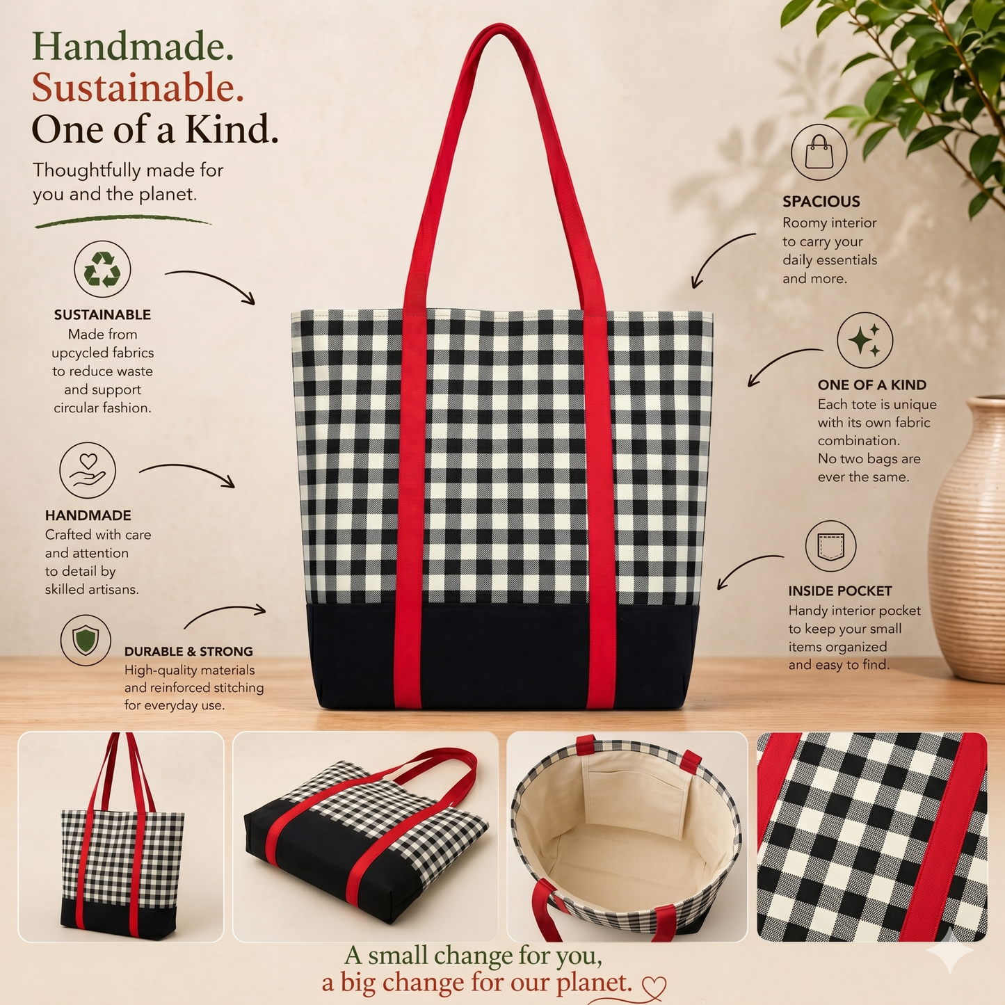 Tote Bag: Black & White Check Recycled Polyester Tote Bag – Handmade & Eco-Conscious Design