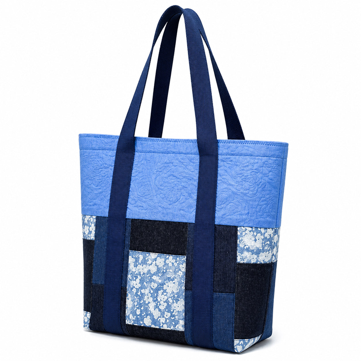 Tote Bag: Quilted Blue Denim Upcycled Tote Bag – Handmade Recycled Denim Everyday Carry