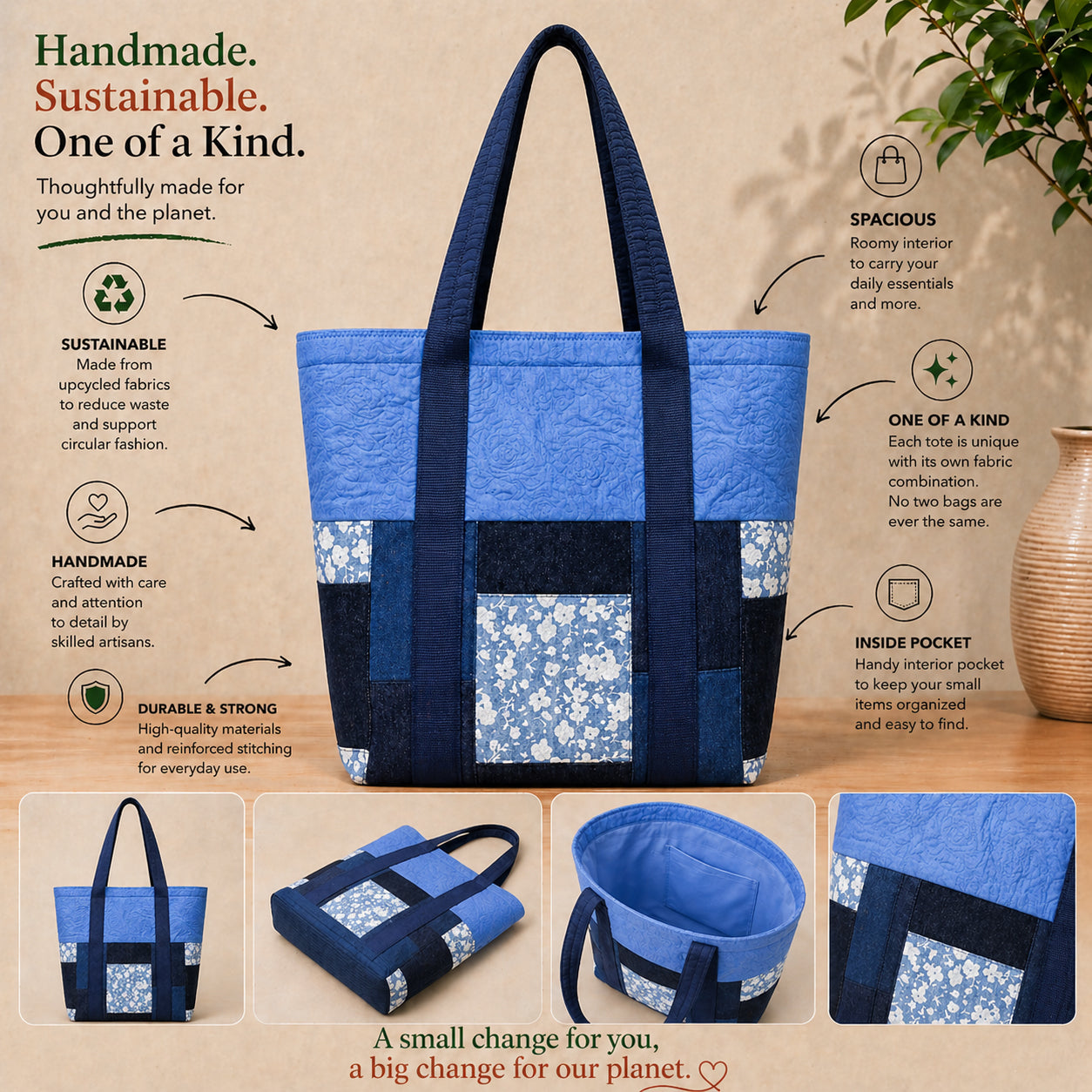 Tote Bag: Quilted Blue Denim Upcycled Tote Bag – Handmade Recycled Denim Everyday Carry