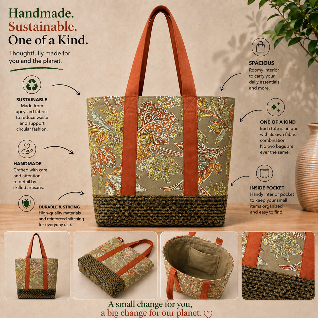 Tote Bag: Garden Floral Print Upcycled Tote Bag – Handmade Eco-Friendly Carry Bag