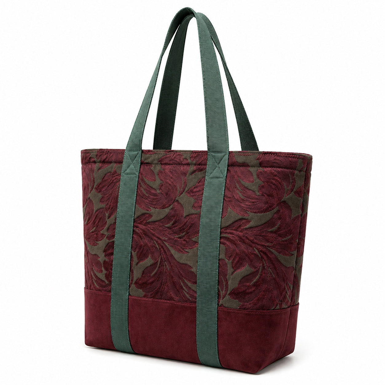 Tote Bag: Maroons and Greens Mixed Fabric Upcycled Tote Bag – Handmade Minimal Sustainable Carryall