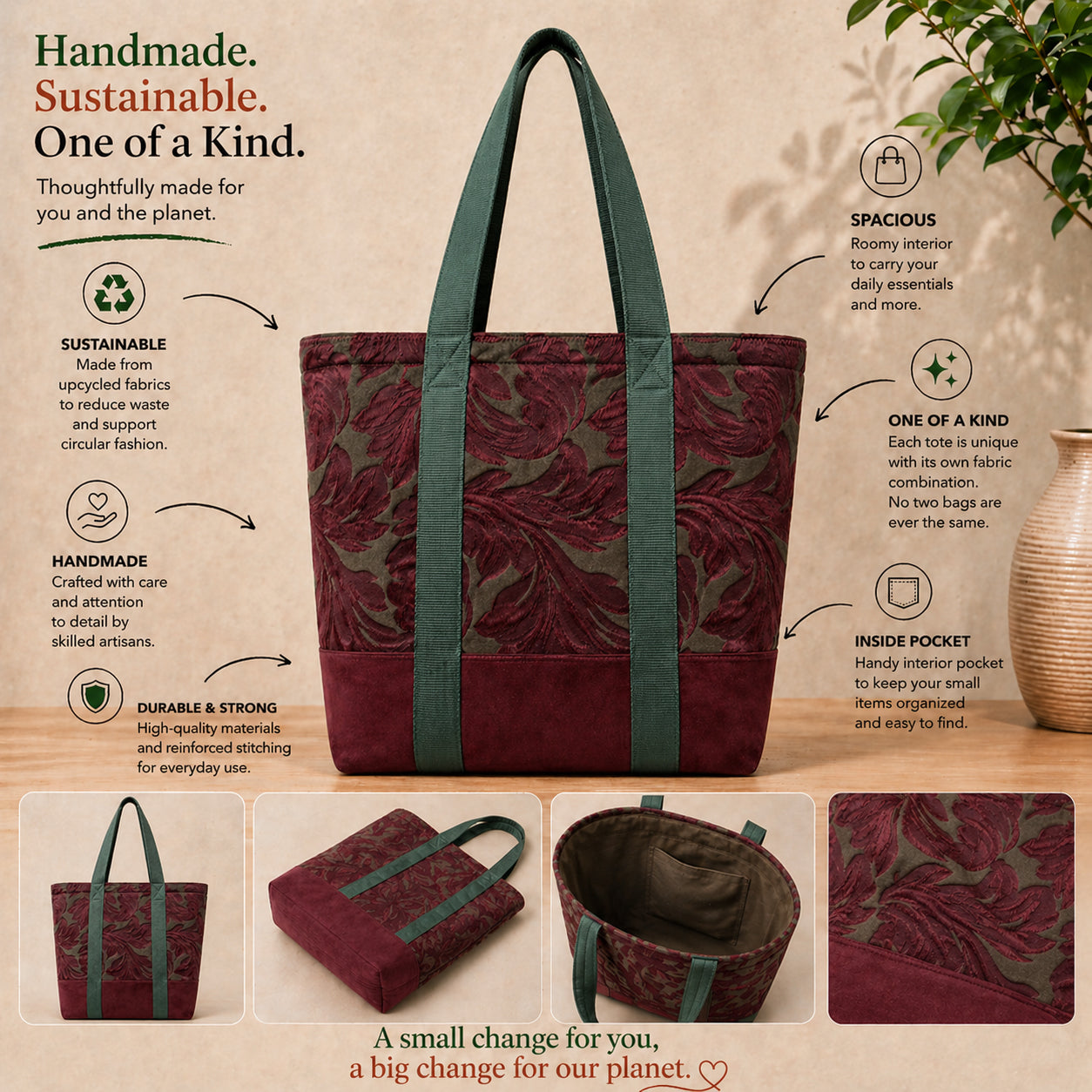 Tote Bag: Maroons and Greens Mixed Fabric Upcycled Tote Bag – Handmade Minimal Sustainable Carryall