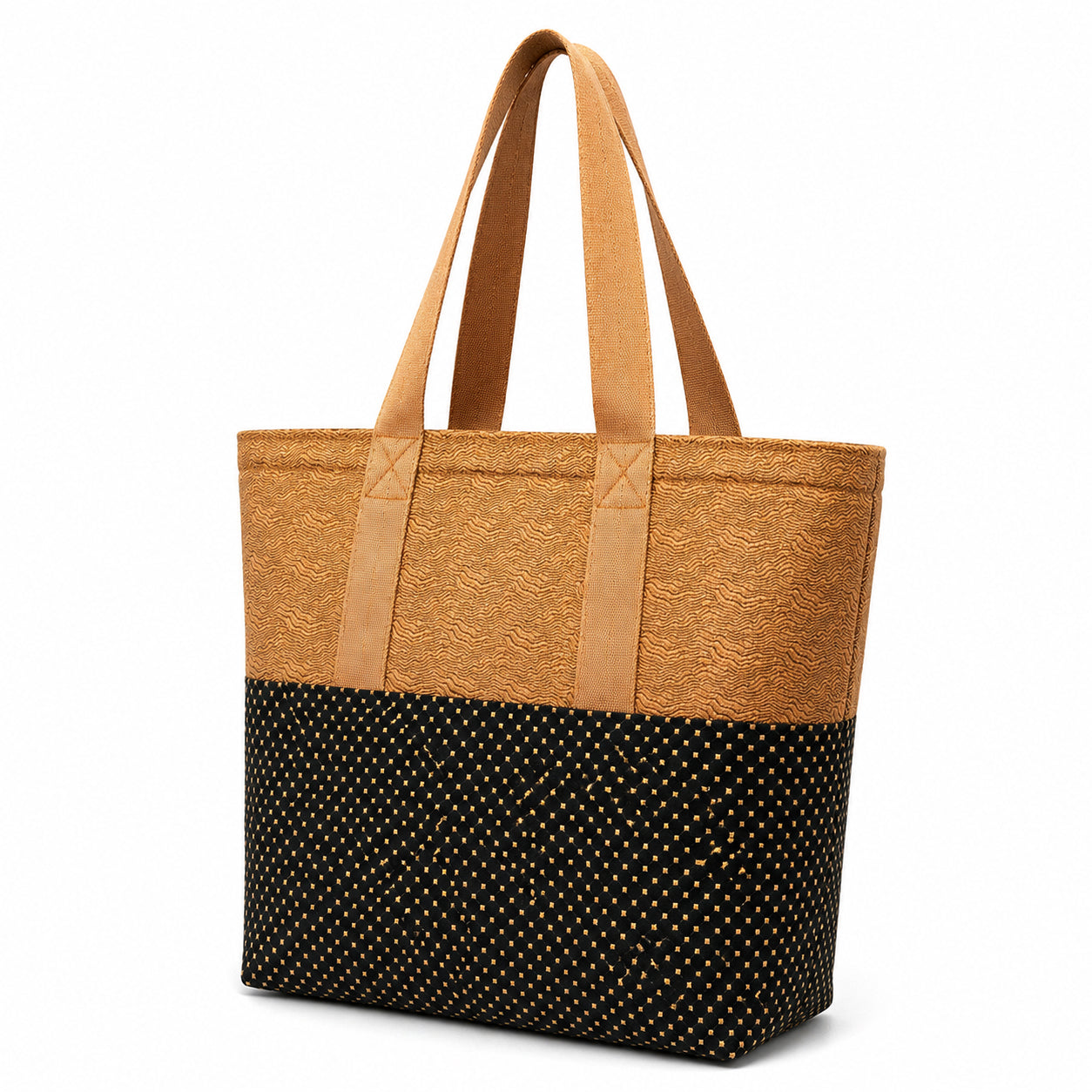 Tote Bag: Copper colored top rim and checked black base - tote bag