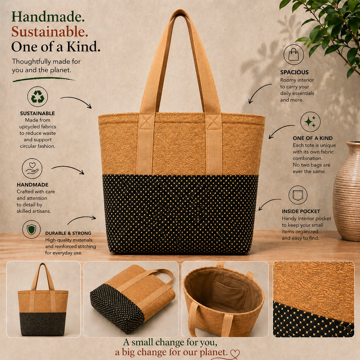 Tote Bag: Copper colored top rim and checked black base - tote bag